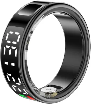 Fitness Tracker Ring, Smart Ring with Display & Charging Case, Accurate Monitoring of Pedometer, Heart & Temperature, IP68 Waterproof, 5-Day Battery Life, Black