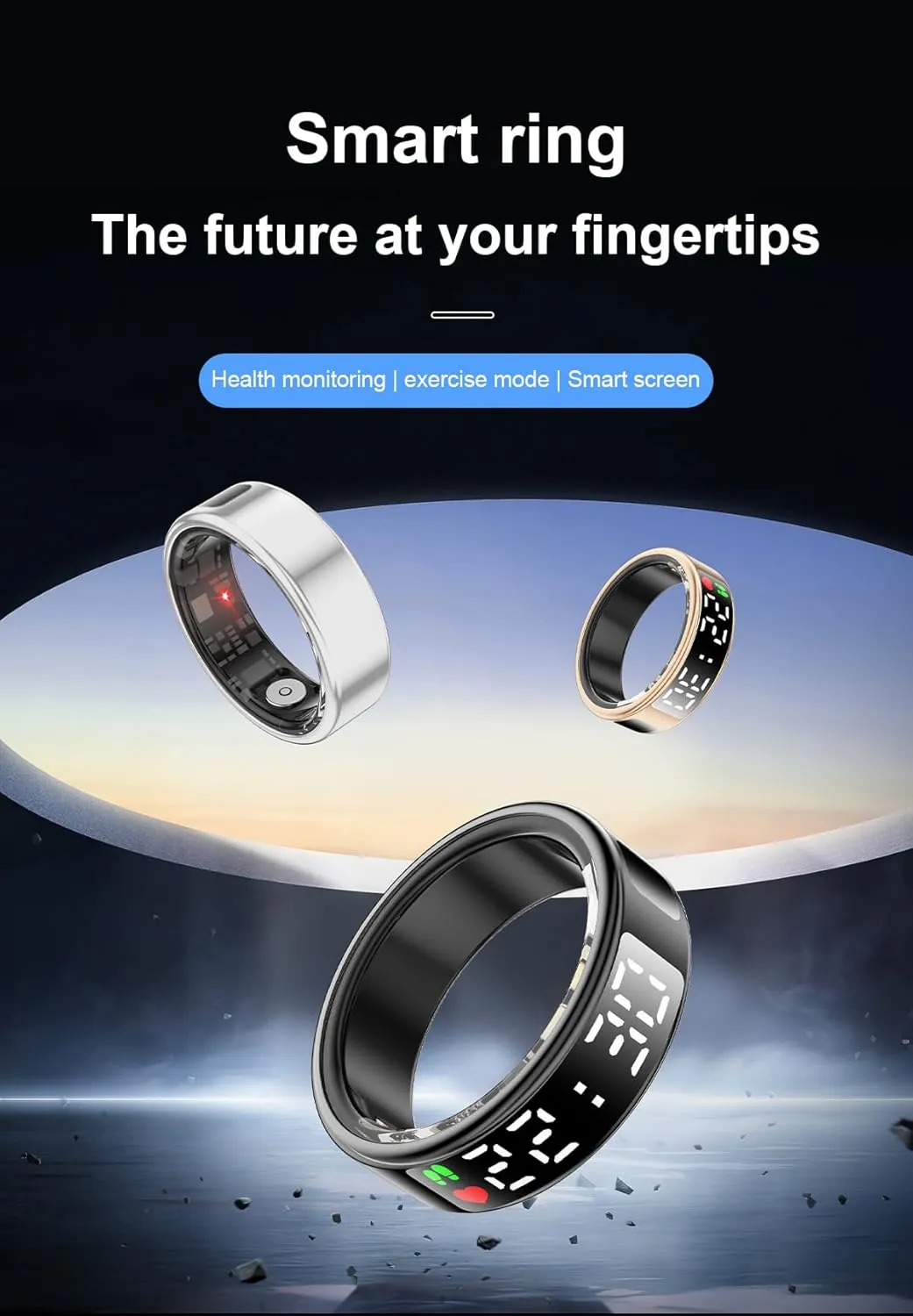 Fitness Tracker Ring, Smart Ring with Display & Charging Case, Accurate Monitoring of Pedometer, Heart & Temperature, IP68 Waterproof, 5-Day Battery Life, Black