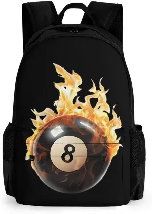 Flaming 8 Ball Billiards Fashion Backpack Light Weight Daily Travel Hiking Laptop Shoulder Bag