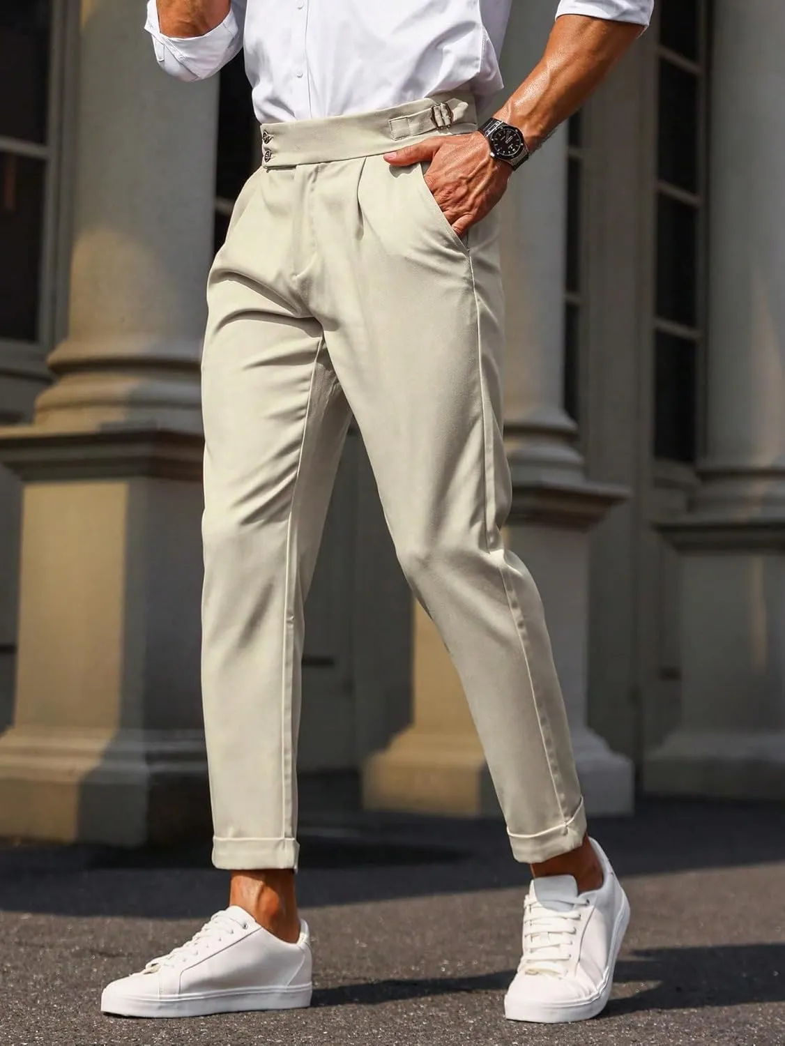 Floerns Men's Fold Pleated Tailored Pants Work Office Business Trousers Pants