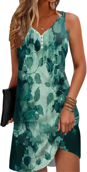 Floral Printed Summer Dresses A-Line Elegant Dress Womens Vintage Sleeveless Beach Sundress