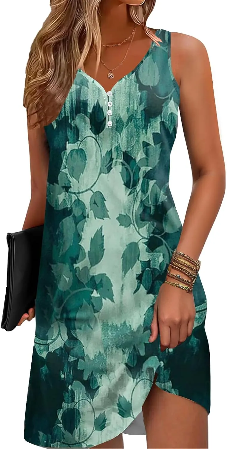 Floral Printed Summer Dresses A-Line Elegant Dress Womens Vintage Sleeveless Beach Sundress