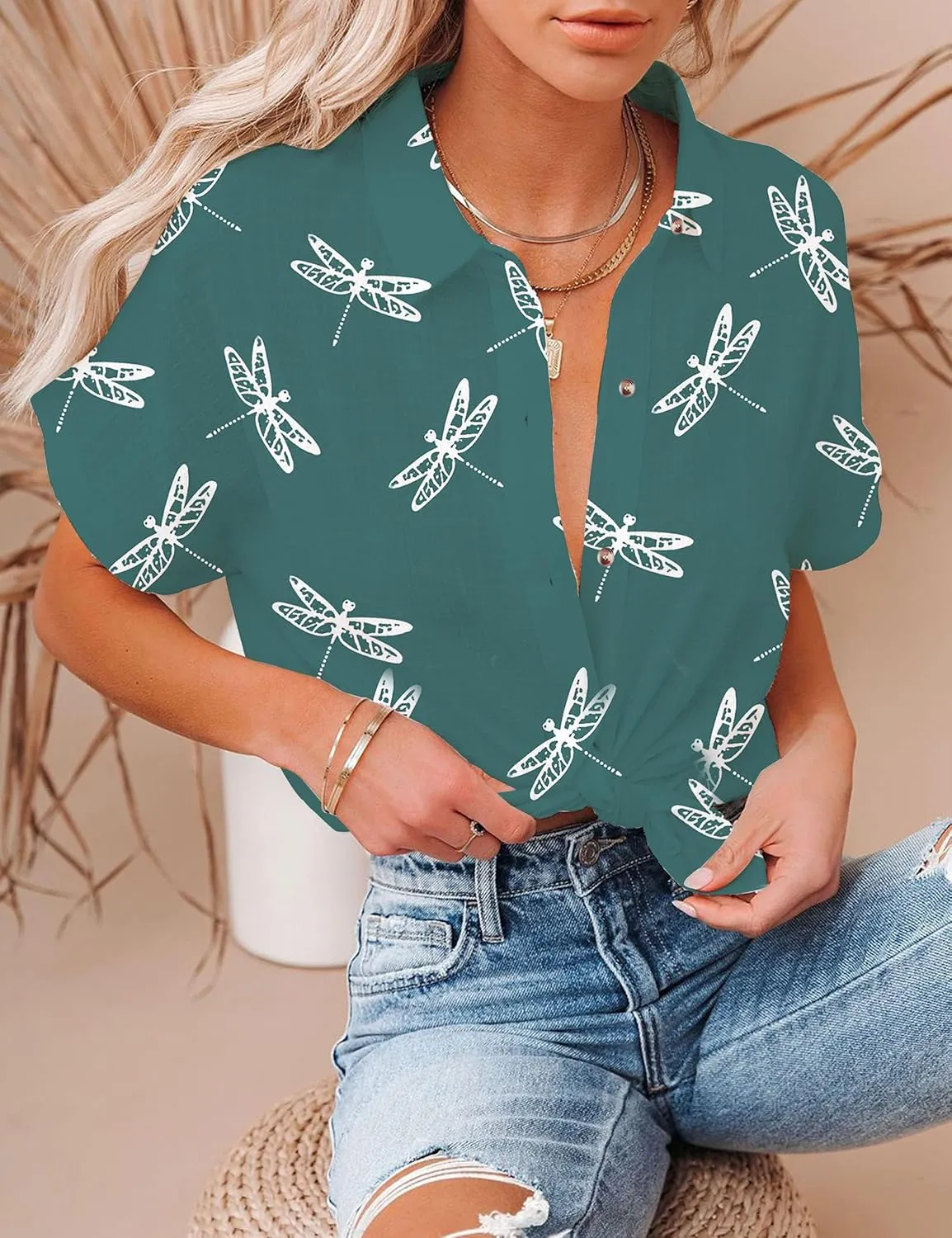Floral Tops for Women Summer Flower Printed V Neck Tshirts Short Sleeve Tops Dressy Casual