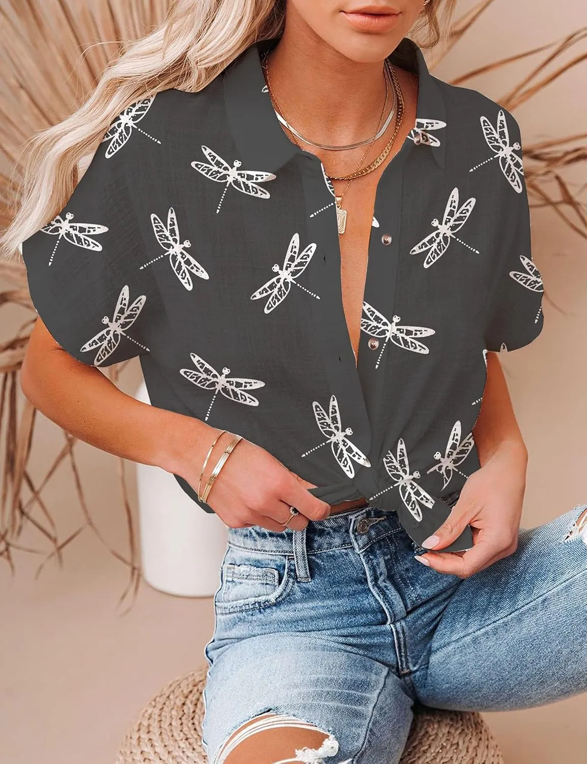 Floral Tops for Women Summer Flower Printed V Neck Tshirts Short Sleeve Tops Dressy Casual