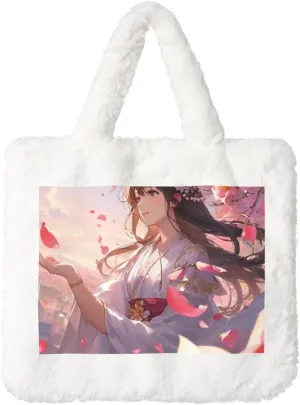 Flower Petals Printed Plush Handbag, White Soft Faux Rabbit Fur Shoulder Bag for Women, Suitable for Autumn and Winter