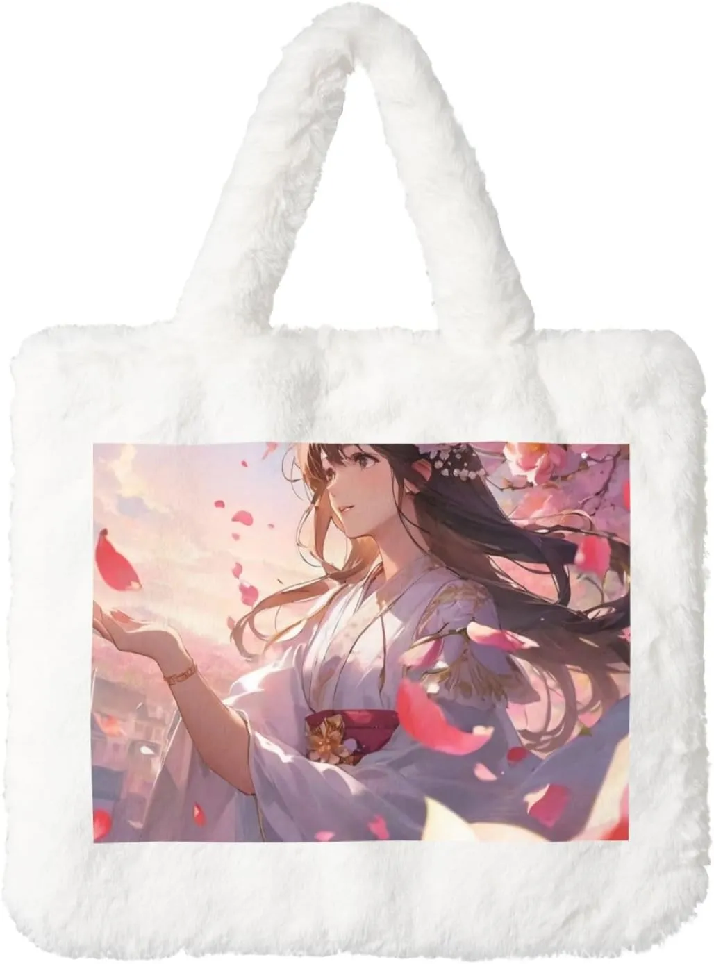 Flower Petals Printed Plush Handbag, White Soft Faux Rabbit Fur Shoulder Bag for Women, Suitable for Autumn and Winter