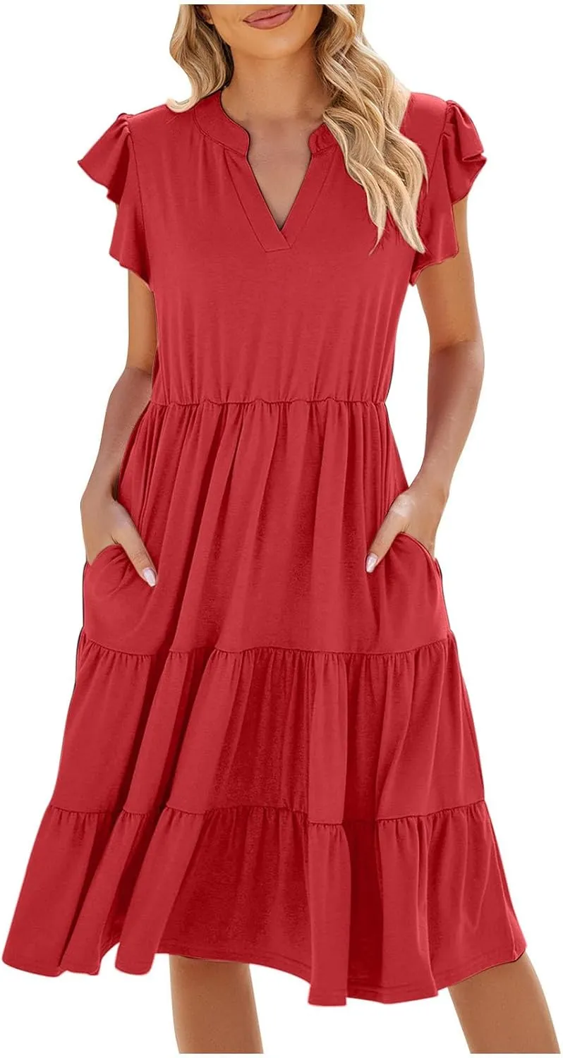 Flowy Dresses for Women Casual Summer Ruffle Sleeve V Neck Midi Dress Tiered Swing Boho Beach Vacation 2025 Sundress