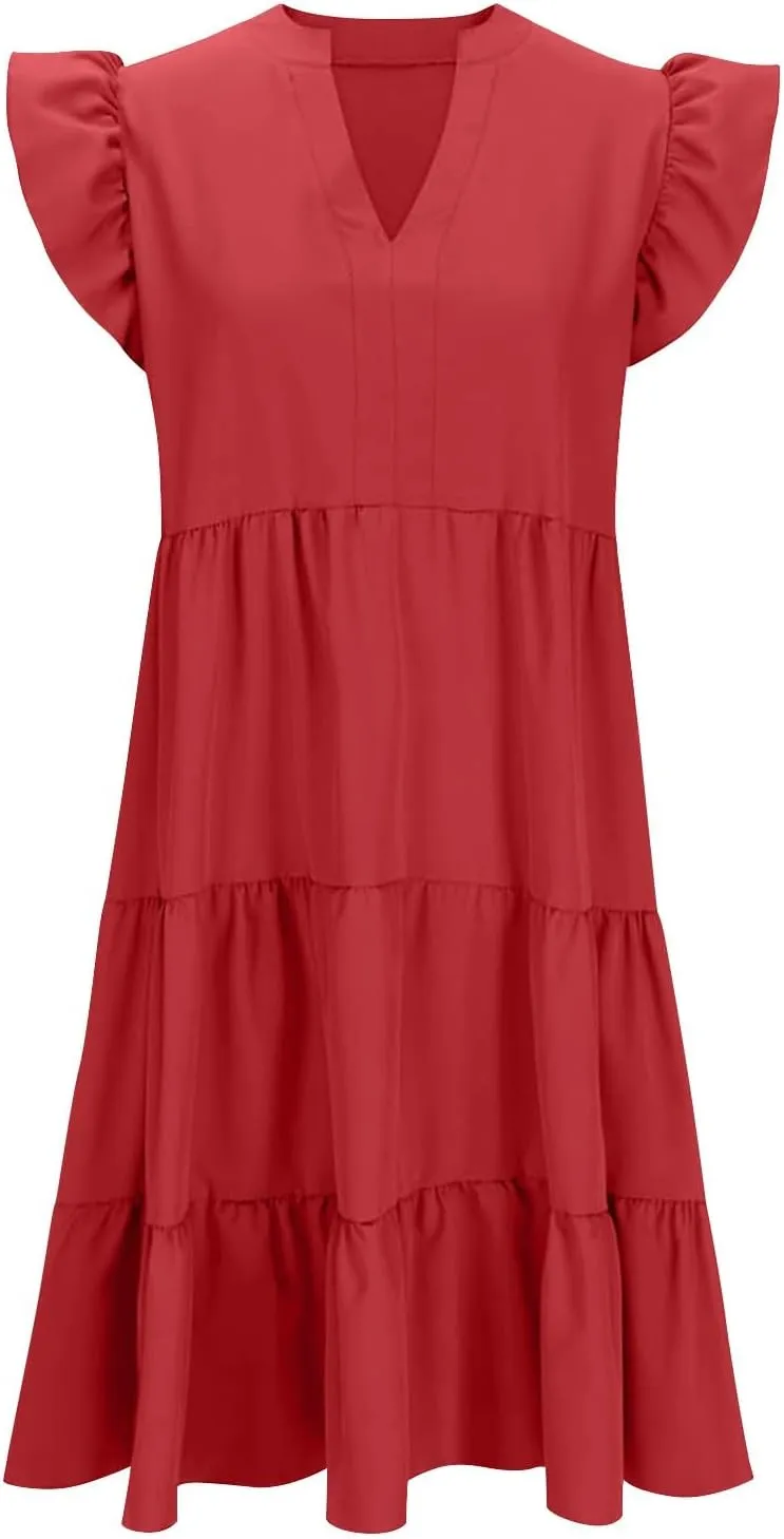 Flowy Dresses for Women Casual Summer Ruffle Sleeve V Neck Midi Dress Tiered Swing Boho Beach Vacation 2025 Sundress