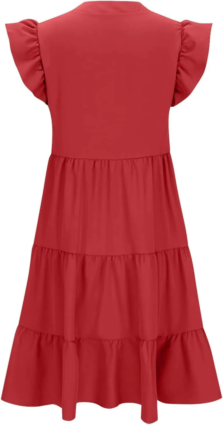 Flowy Dresses for Women Casual Summer Ruffle Sleeve V Neck Midi Dress Tiered Swing Boho Beach Vacation 2025 Sundress