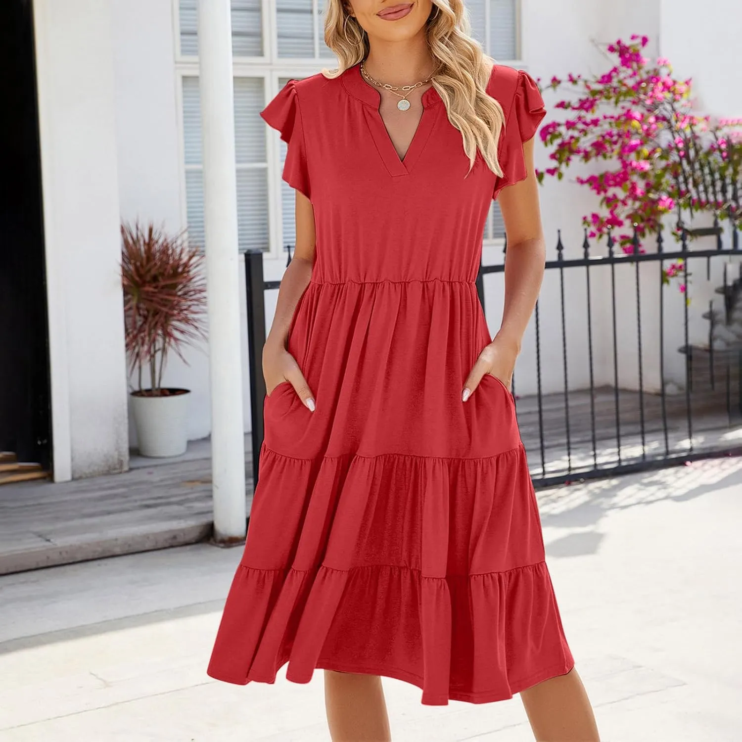 Flowy Dresses for Women Casual Summer Ruffle Sleeve V Neck Midi Dress Tiered Swing Boho Beach Vacation 2025 Sundress