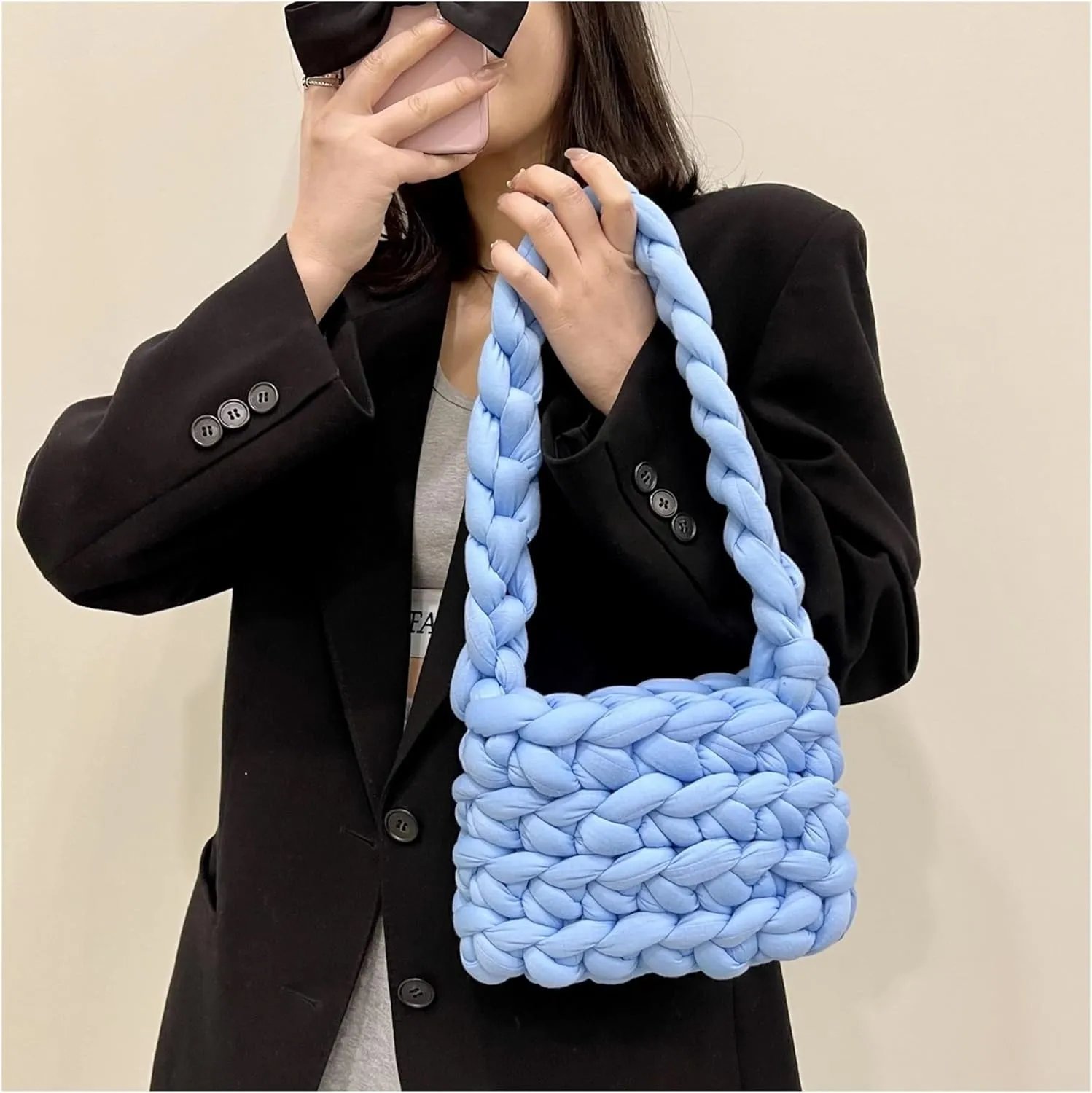 Fluffy Tote Bag Women Canvas Shoulder Shopping Bag Wool Knitted Woven Crossbody Bag for Woman Female Handbags Shopper(Milky White,17.10.8cm)