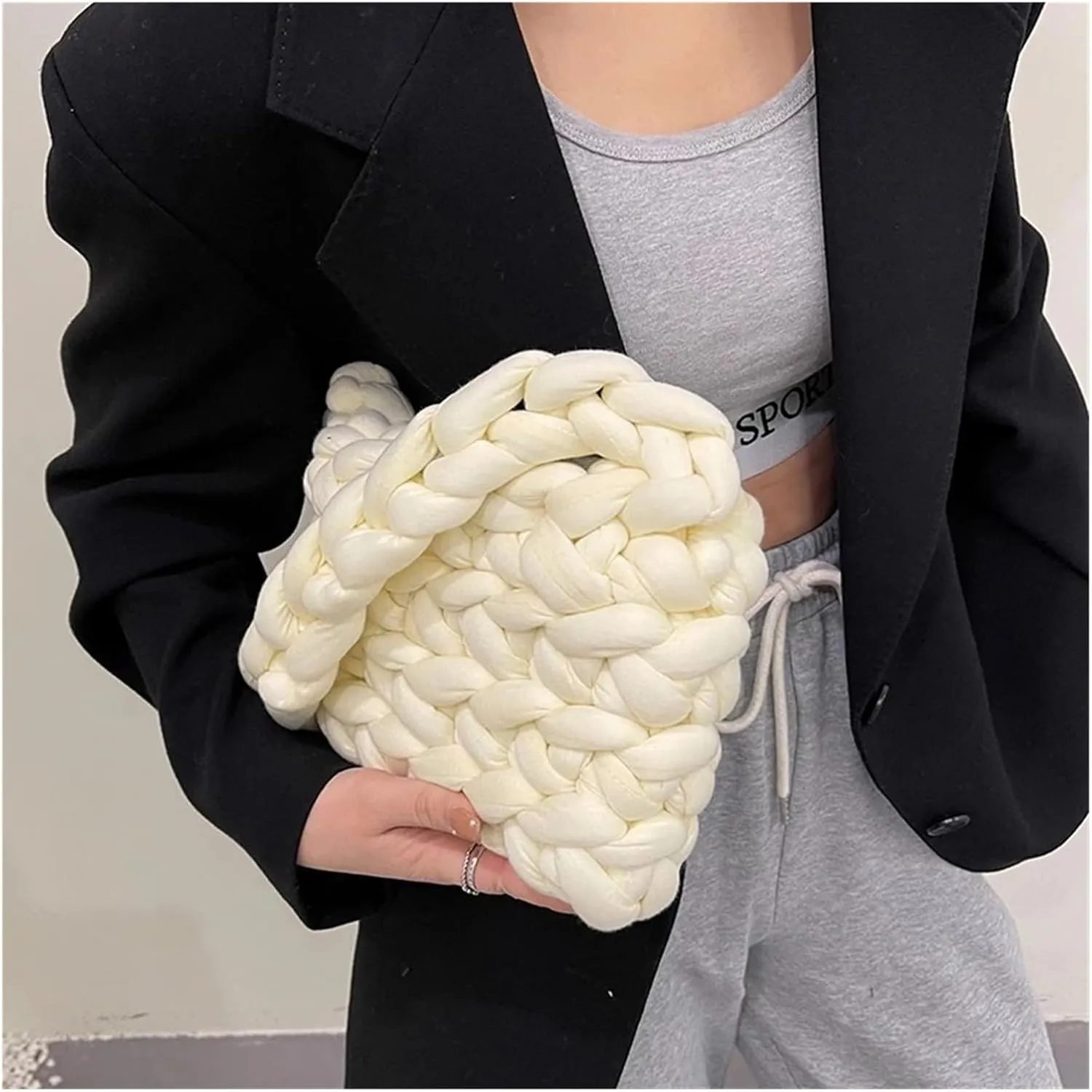 Fluffy Tote Bag Women Canvas Shoulder Shopping Bag Wool Knitted Woven Crossbody Bag for Woman Female Handbags Shopper(Milky White,17.10.8cm)