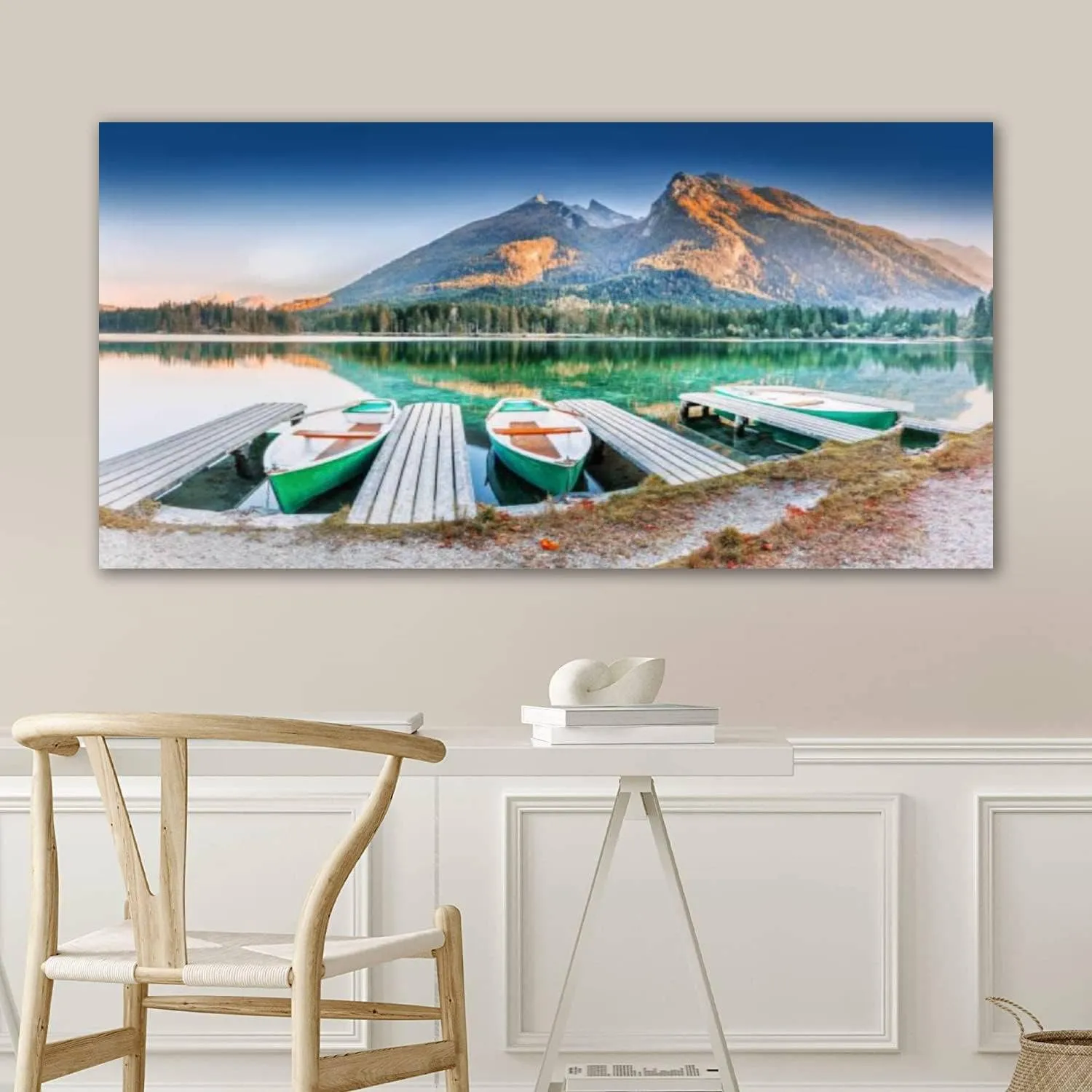 Framed Canvas Wall Art for Living Room Bedroom Office Decorations Classic Boats Lake Hintersee Picturesque Scenery Alpine Nature Germany Decor Print Pictures Poster Large Painting Artwork 20"x40"
