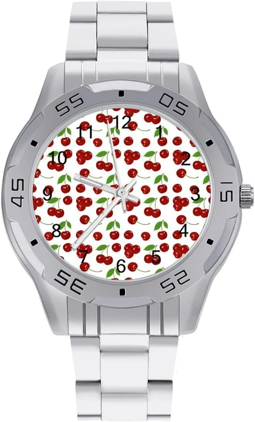 Fresh Cherries Simple Stainless Steel Band Business Watch Dress Wrist Unique Luxury Work Casual Waterproof Watches