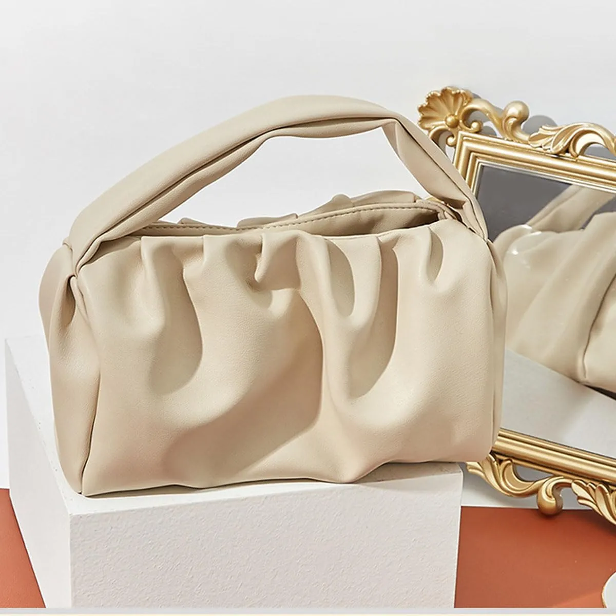 Fresh, Sweet, Solid Color Women's Handbag Trend Versatile Handbag Makeup Bag Japanese Simple Cloud Bag Cosmetic Bag (Beige)