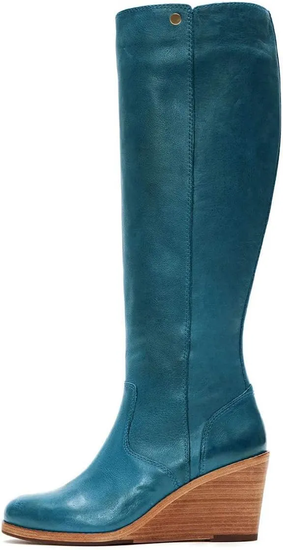 FSJ Women Comfortable Side Zipper Wedge High Heel Point Toe Fancy Pull On Ladies Fashion Winter Boot Size 4-15 US