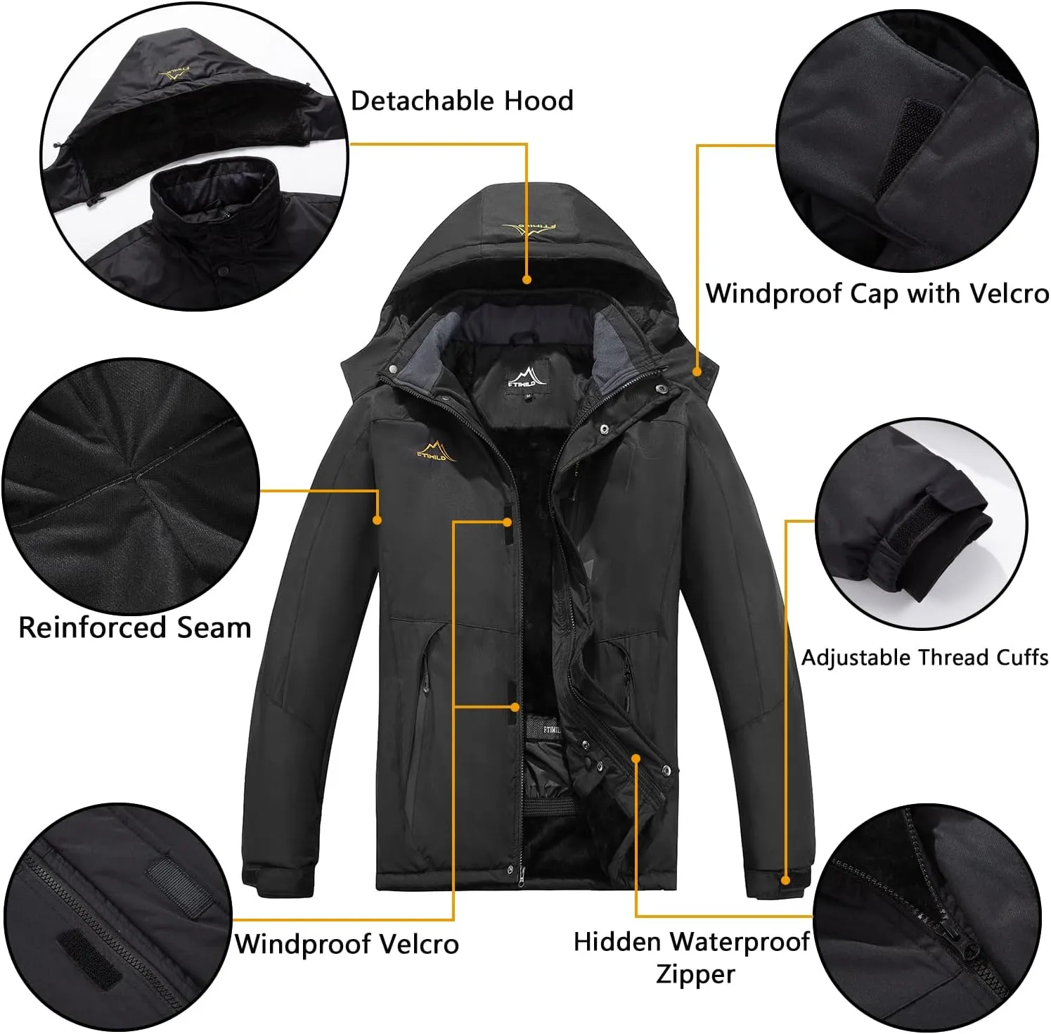FTIMILD Men's Waterproof Ski Snow Jacket Warm Winter Fleece Coats Raincoats With Multi-Pockets