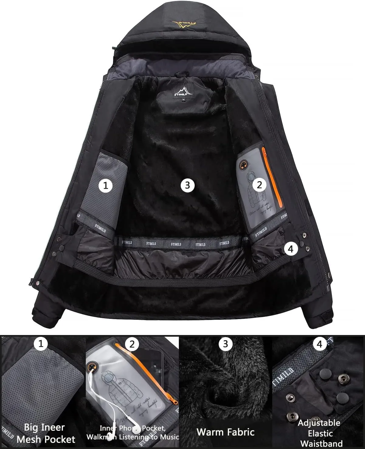 FTIMILD Men's Waterproof Ski Snow Jacket Warm Winter Fleece Coats Raincoats With Multi-Pockets