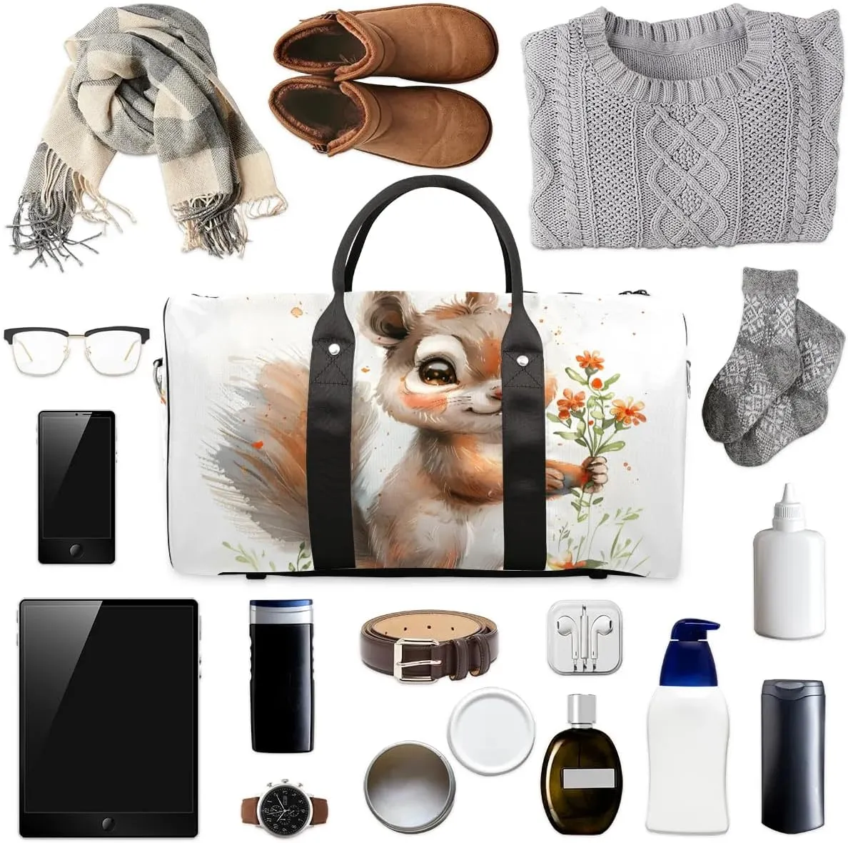 Funny Animal Squirrel Travel Duffel Bag for Women Men Waterproof Foldable Overnight Weekender Bag Large Capacity Sports Gym Bag