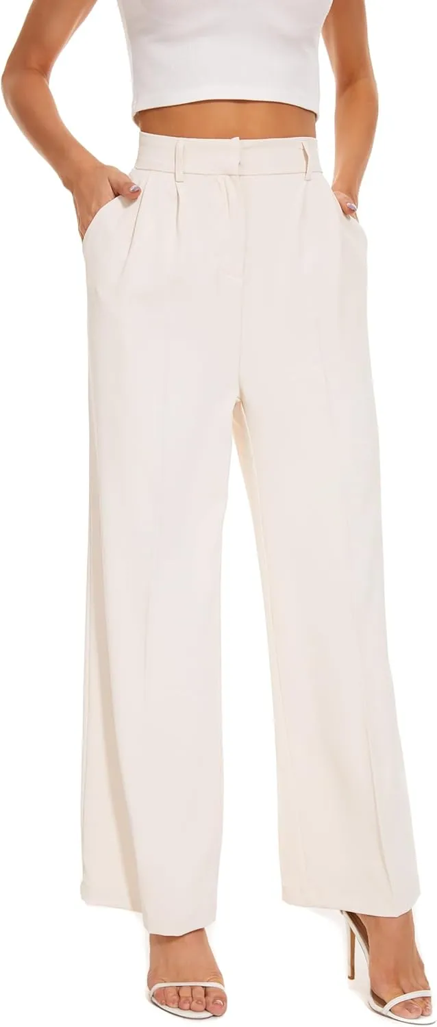 FUNYYZO Wide Leg Pants Women's High Elastic Waisted in The Back Business Work Trousers Long Straight Suit Pants