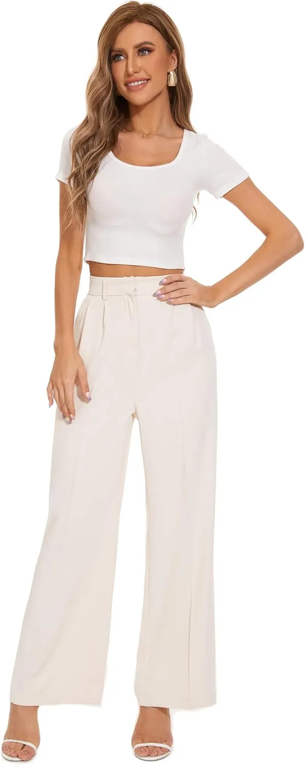 FUNYYZO Wide Leg Pants Women's High Elastic Waisted in The Back Business Work Trousers Long Straight Suit Pants