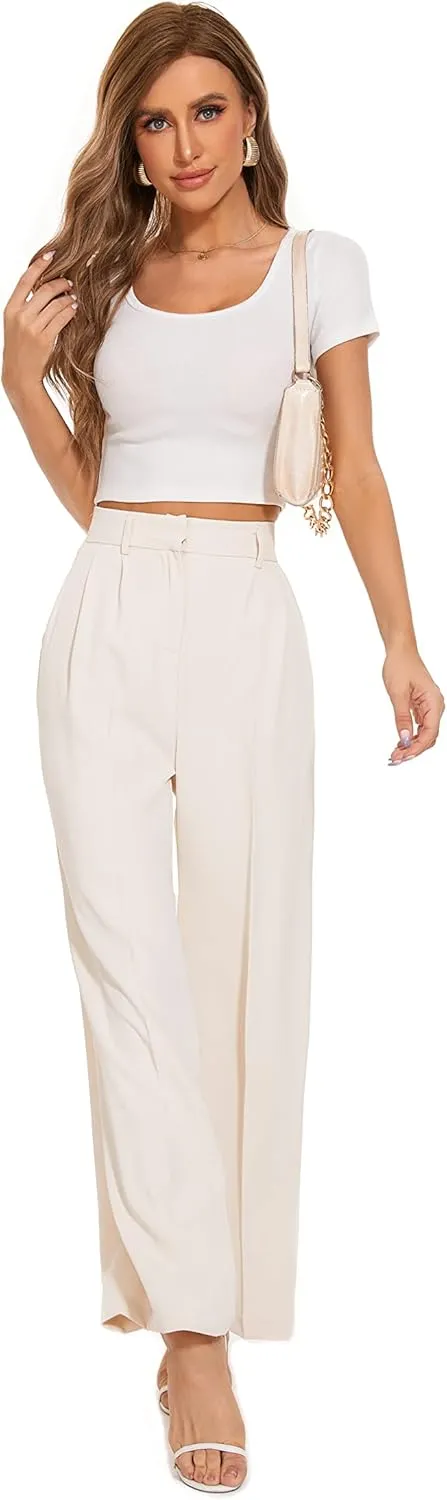 FUNYYZO Wide Leg Pants Women's High Elastic Waisted in The Back Business Work Trousers Long Straight Suit Pants