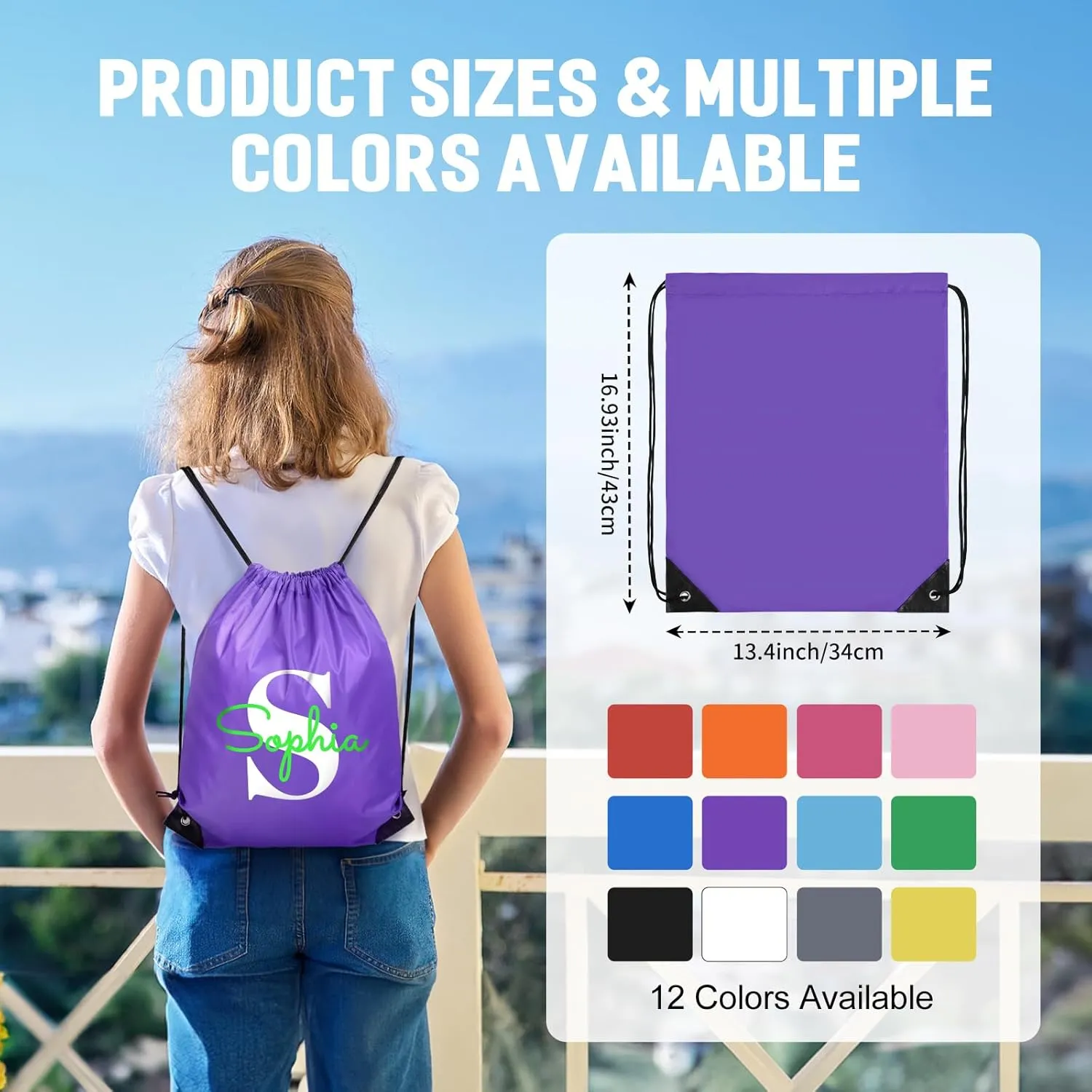 Fyore Custom Drawstring Backpacks, 50 Pack Personalized Drawstring Sports Bags with Your Logo Text for Gym Beach Climb Trips Party Events- 13.4x17Inch,12 Colors