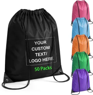 Fyore Custom Drawstring Backpacks, 50 Pack Personalized Drawstring Sports Bags with Your Logo Text for Gym Beach Climb Trips Party Events- 13.4x17Inch,12 Colors
