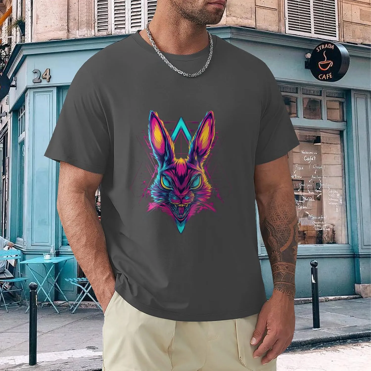 Geleglaer Mens Casual Rabbit Printed T-Shirt Fashion Loose Short Sleeve Tops Lightweight Crewneck Summer Graphic Tees