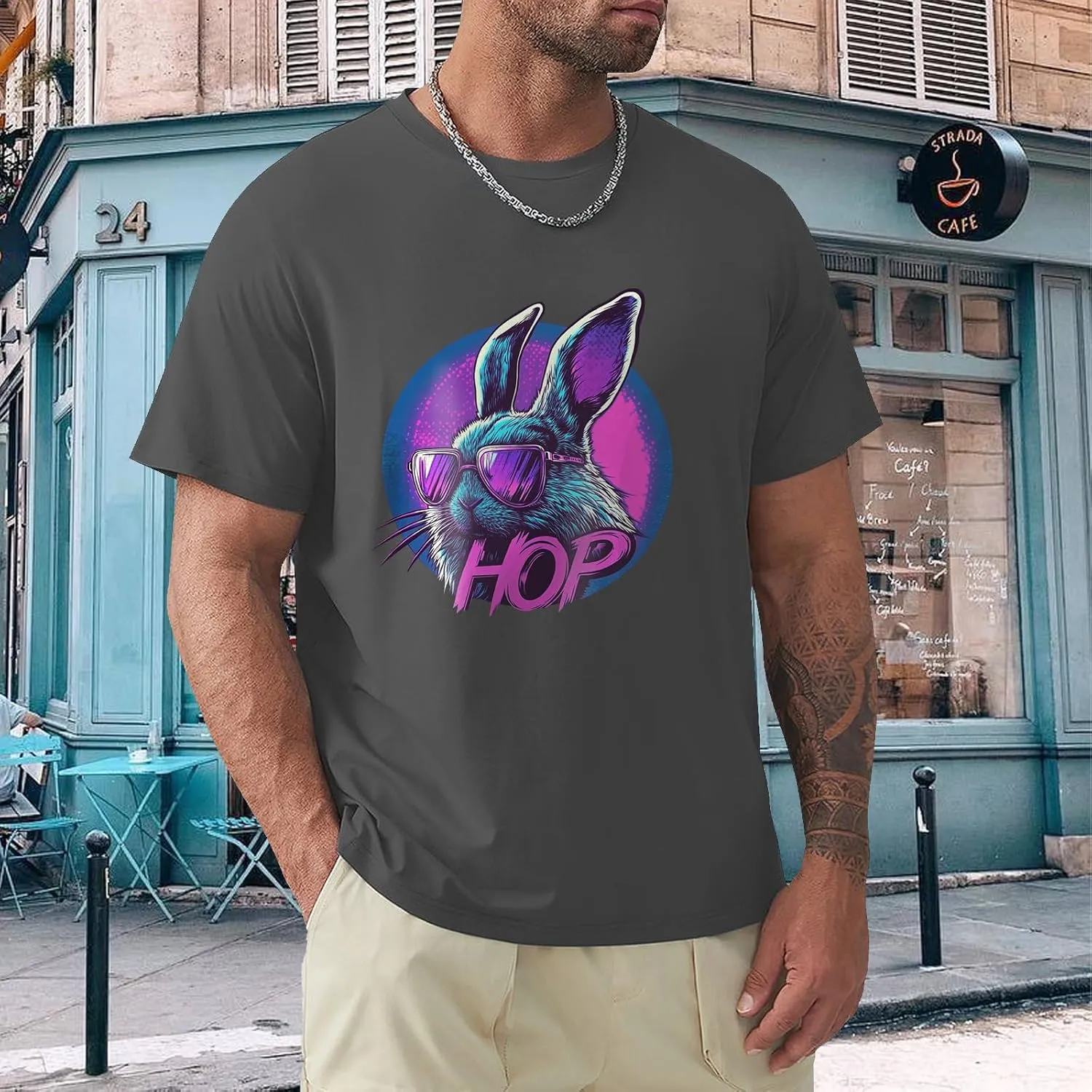 Geleglaer Mens Casual Rabbit Printed T-Shirt Fashion Loose Short Sleeve Tops Lightweight Crewneck Summer Graphic Tees