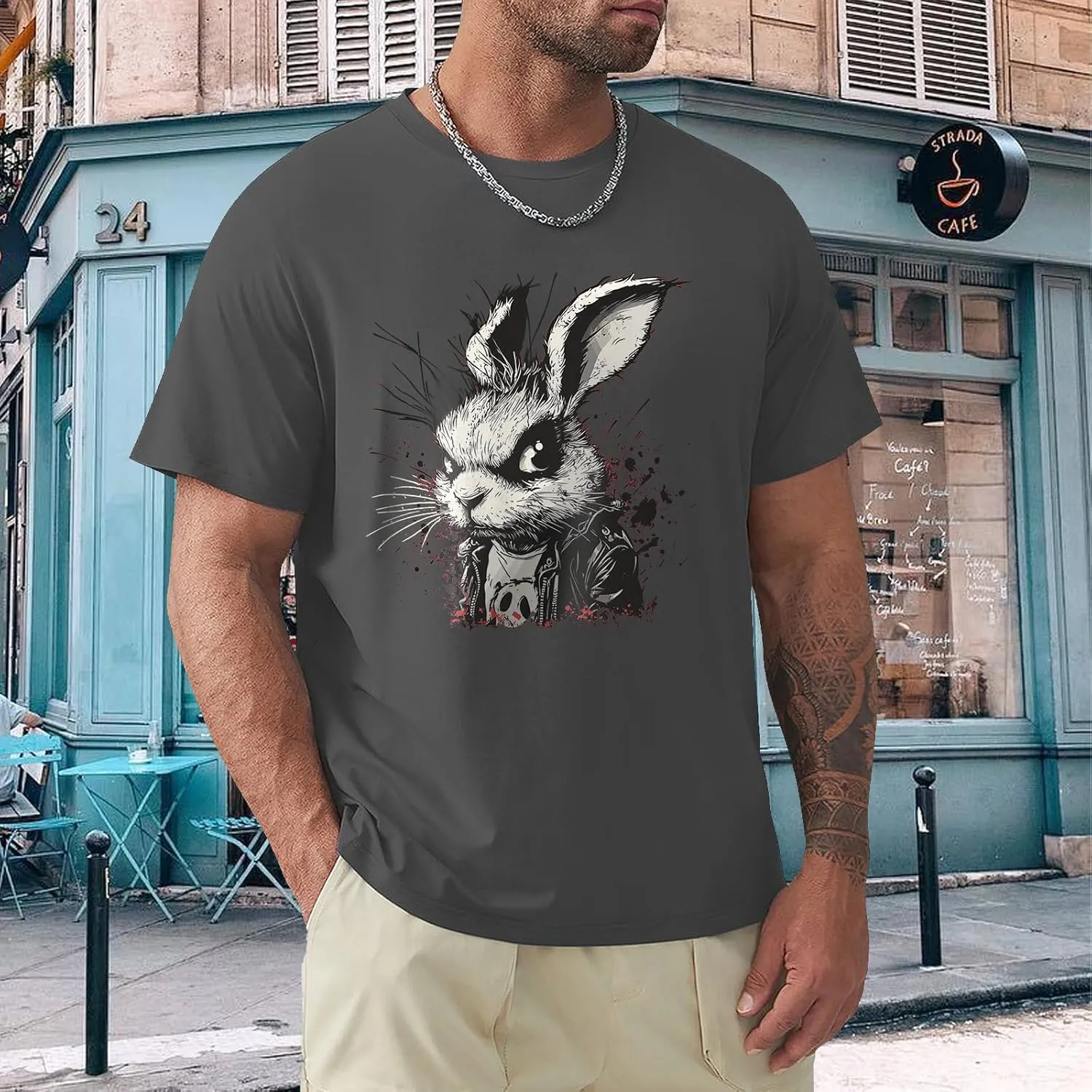 Geleglaer Mens Casual Rabbit Printed T-Shirt Fashion Loose Short Sleeve Tops Lightweight Crewneck Summer Graphic Tees