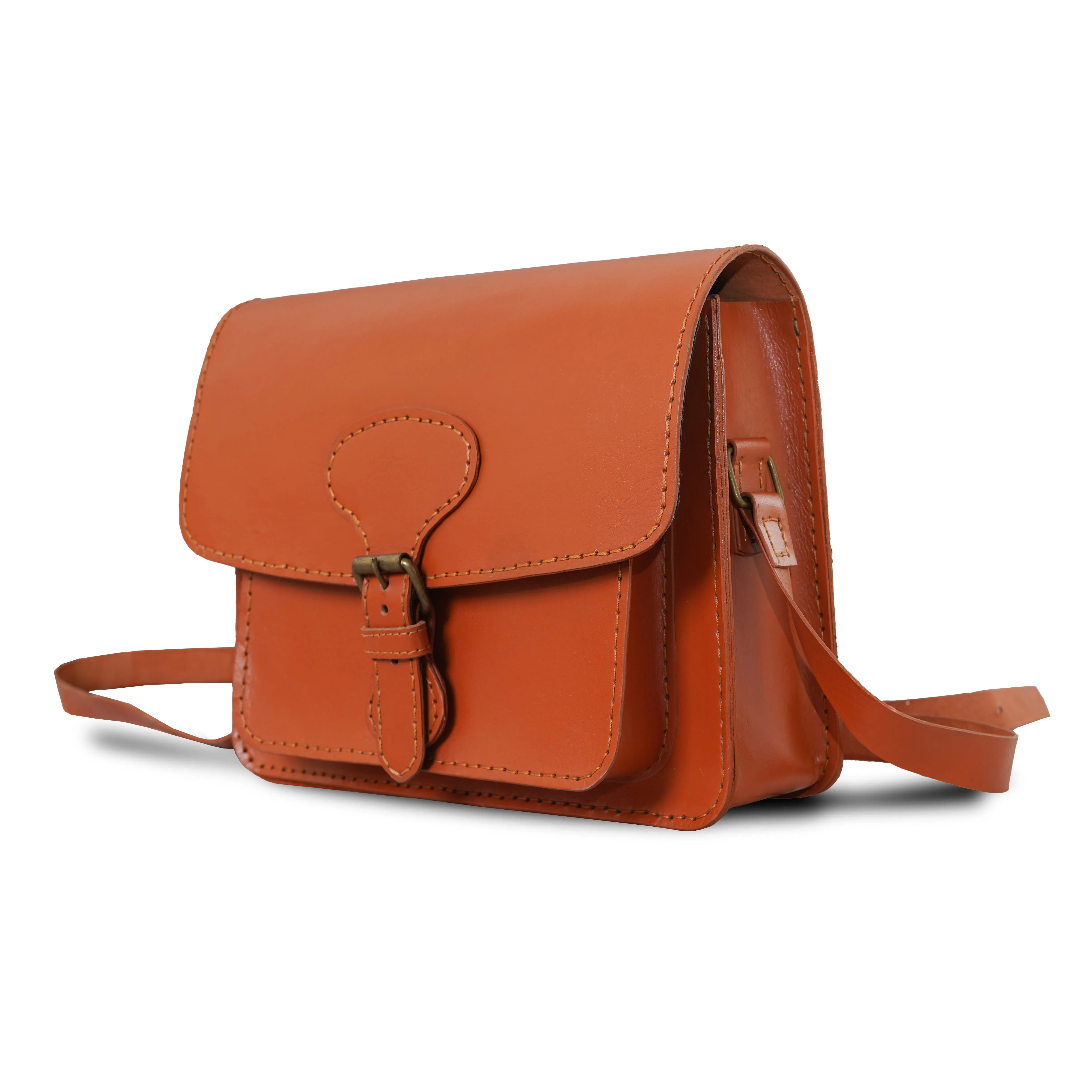 Genuine Brown Leather Crossbody Bag With Buckle Closure