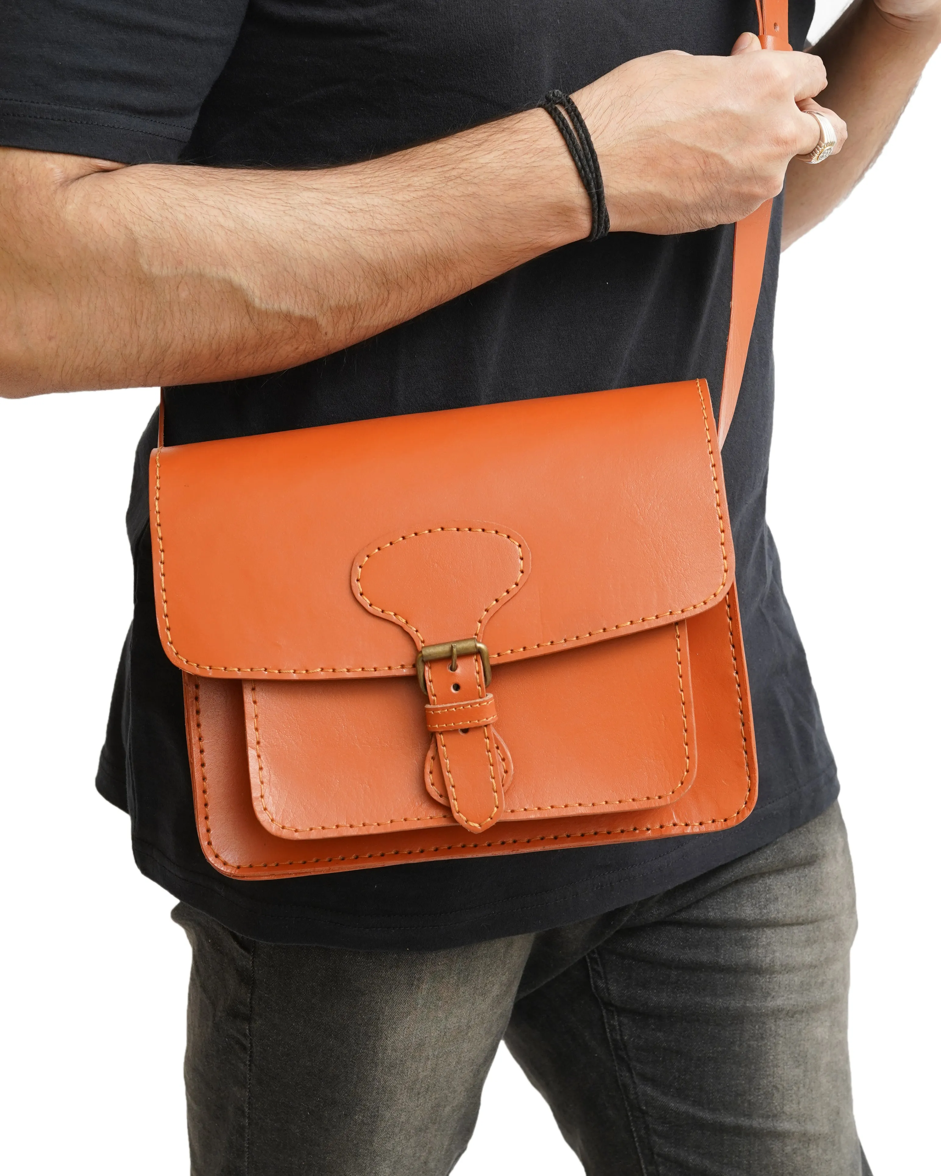 Genuine Brown Leather Crossbody Bag With Buckle Closure