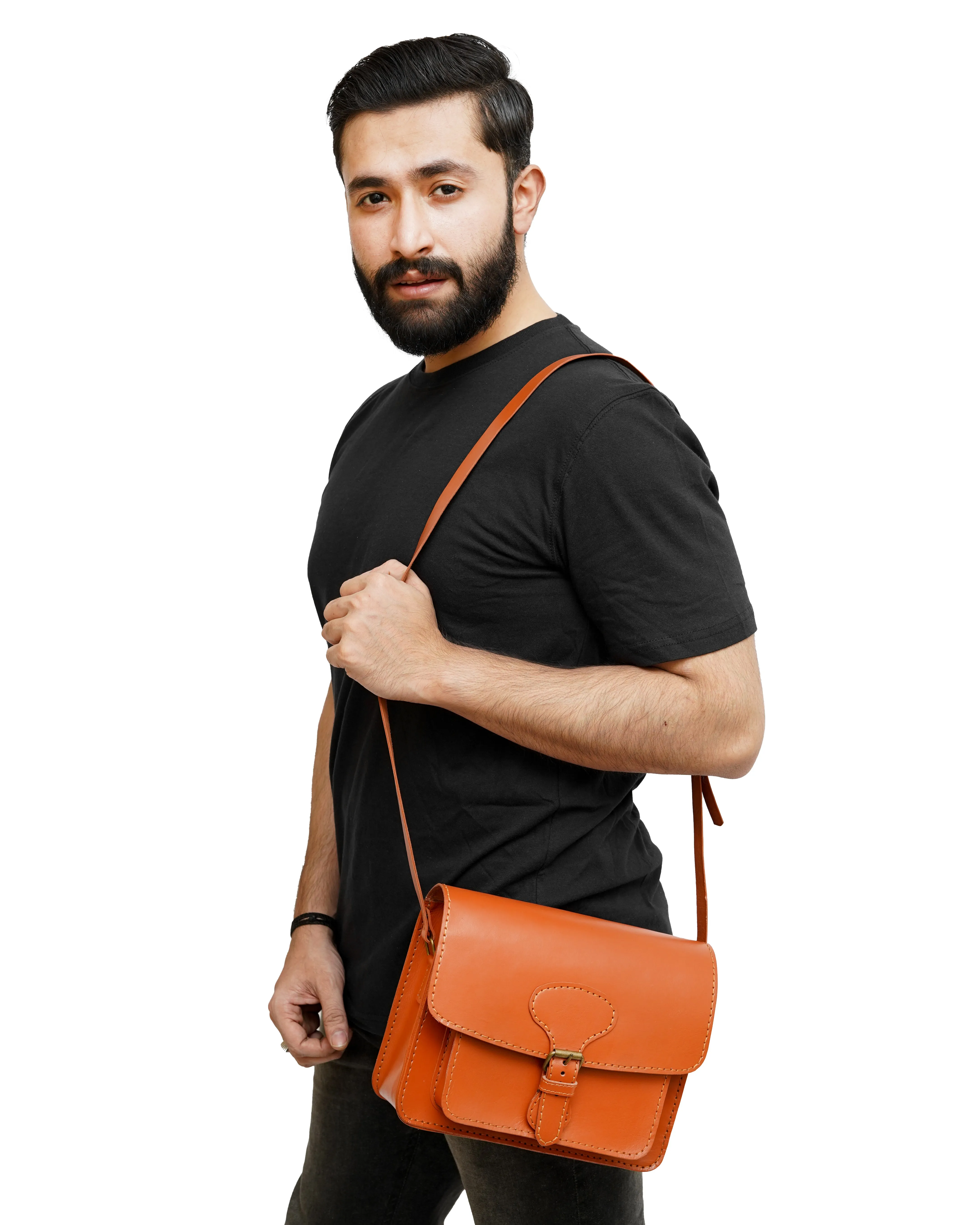 Genuine Brown Leather Crossbody Bag With Buckle Closure
