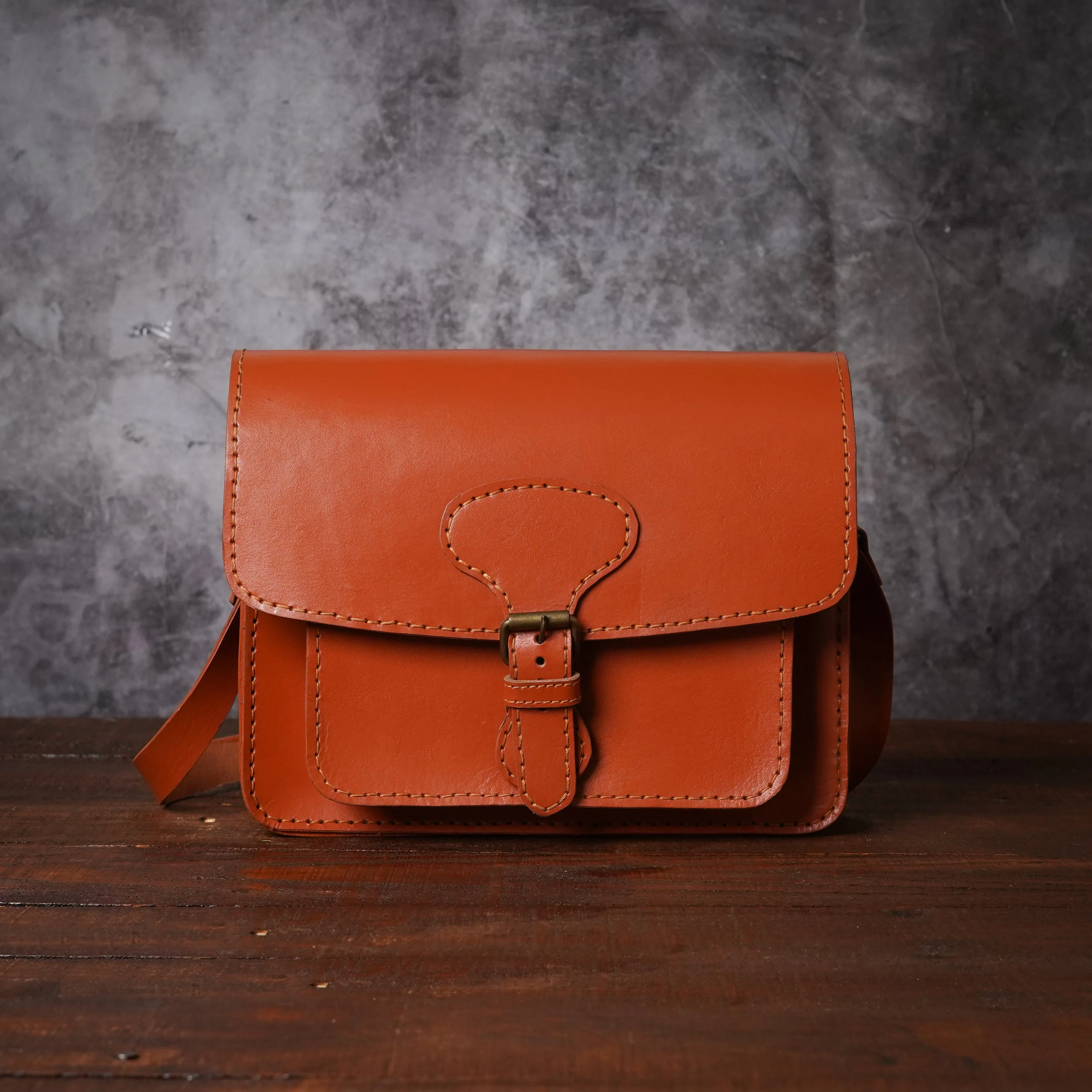 Genuine Brown Leather Crossbody Bag With Buckle Closure