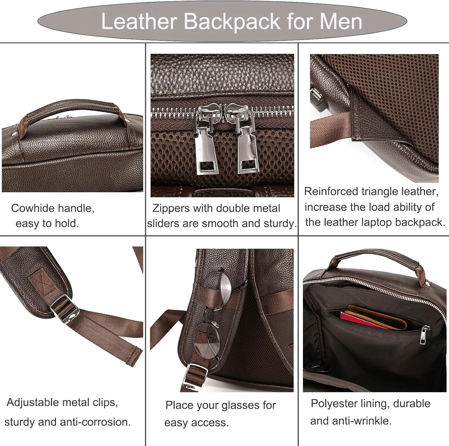 Genuine Leather Backpack Men Casual Daypack 14" Laptop Rucksack Business Travel Outdoor Shoulder Bag with Trolley Sleeve (Coffee)