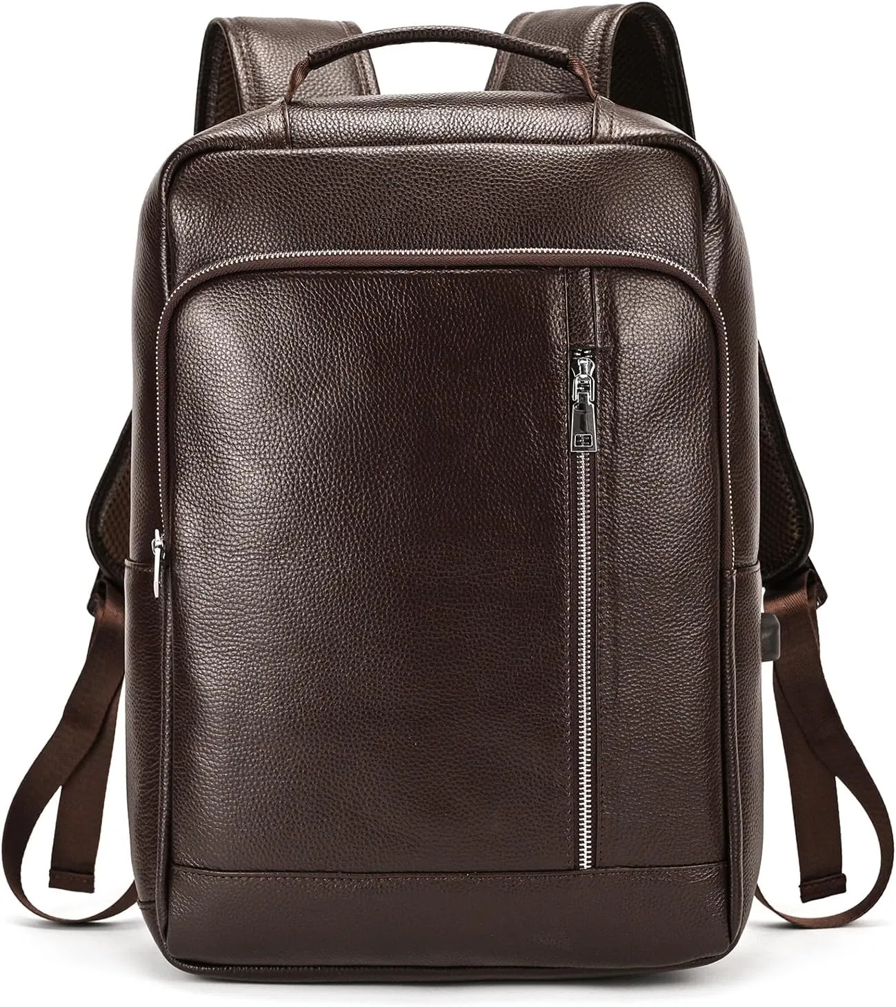 Genuine Leather Backpack Men Casual Daypack 14" Laptop Rucksack Business Travel Outdoor Shoulder Bag with Trolley Sleeve (Coffee)