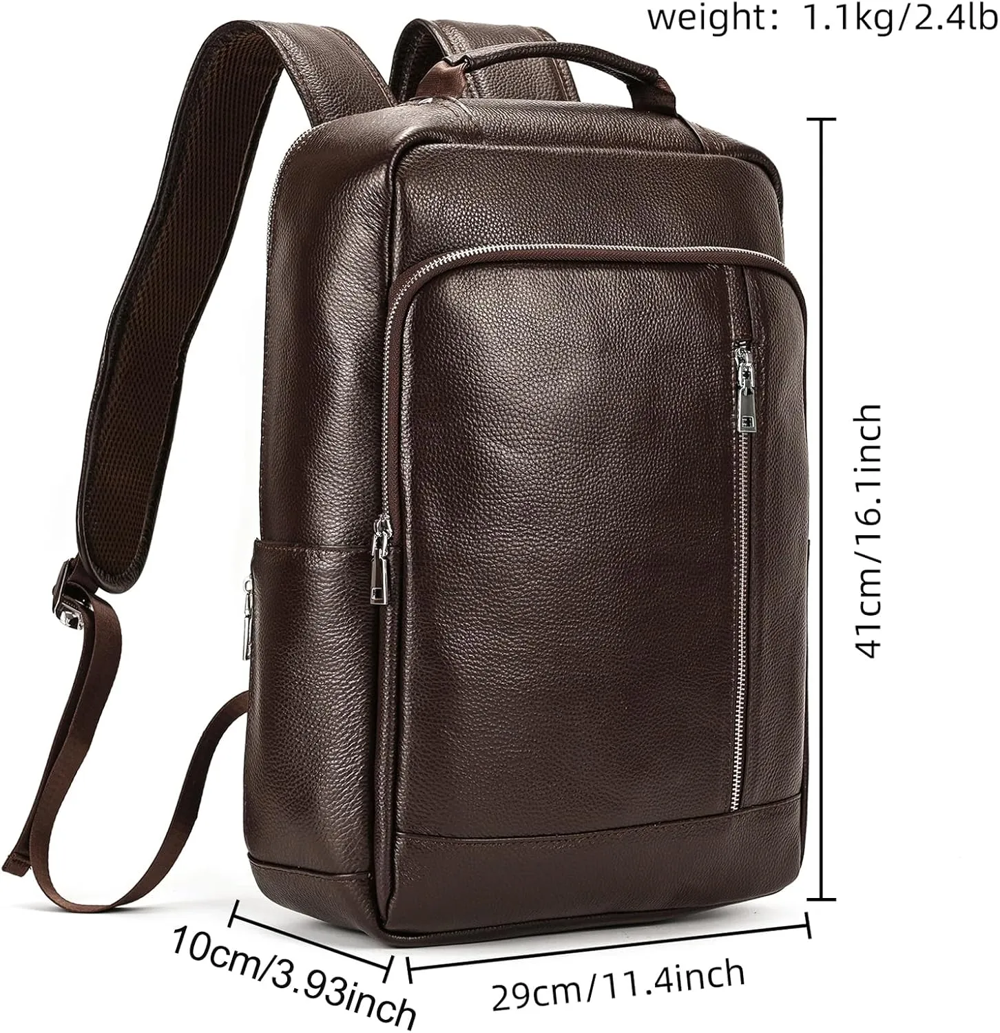 Genuine Leather Backpack Men Casual Daypack 14" Laptop Rucksack Business Travel Outdoor Shoulder Bag with Trolley Sleeve (Coffee)