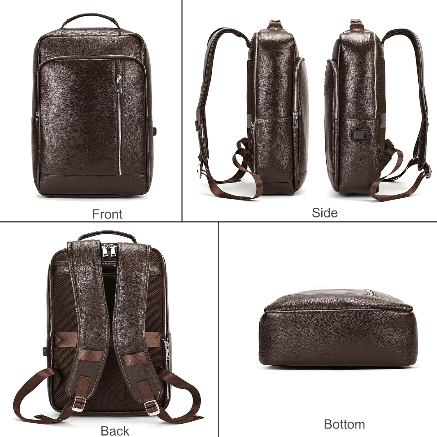 Genuine Leather Backpack Men Casual Daypack 14" Laptop Rucksack Business Travel Outdoor Shoulder Bag with Trolley Sleeve (Coffee)