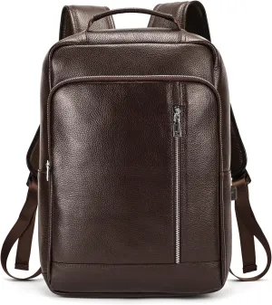 Genuine Leather Backpack Men Casual Daypack 14" Laptop Rucksack Business Travel Outdoor Shoulder Bag with Trolley Sleeve (Coffee)