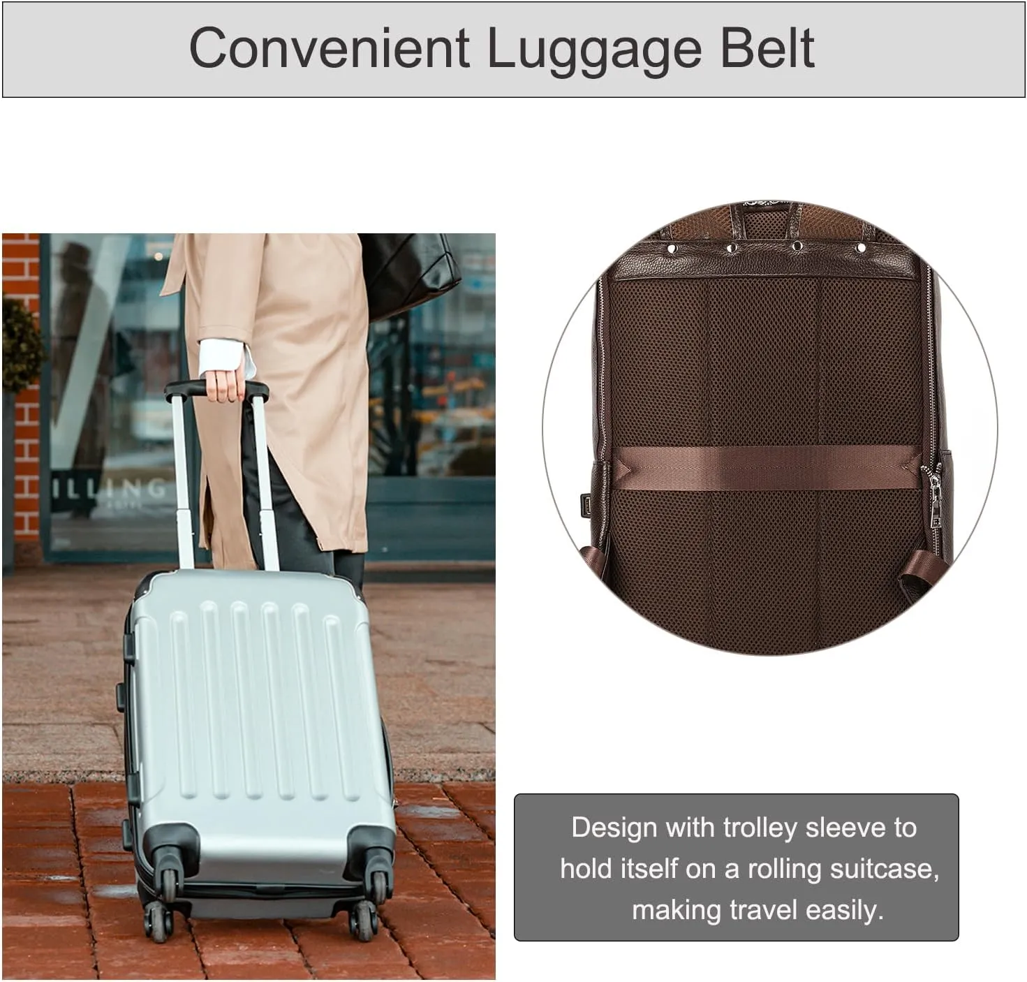 Genuine Leather Backpack Men Casual Daypack 14" Laptop Rucksack Business Travel Outdoor Shoulder Bag with Trolley Sleeve (Coffee)