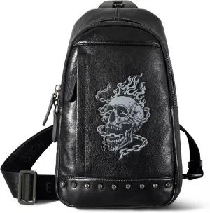 Genuine Leather Small Sling Bag For Men Crossbody,Skull Men's Shoulder Black Bags Single Strap Backpack(Black)