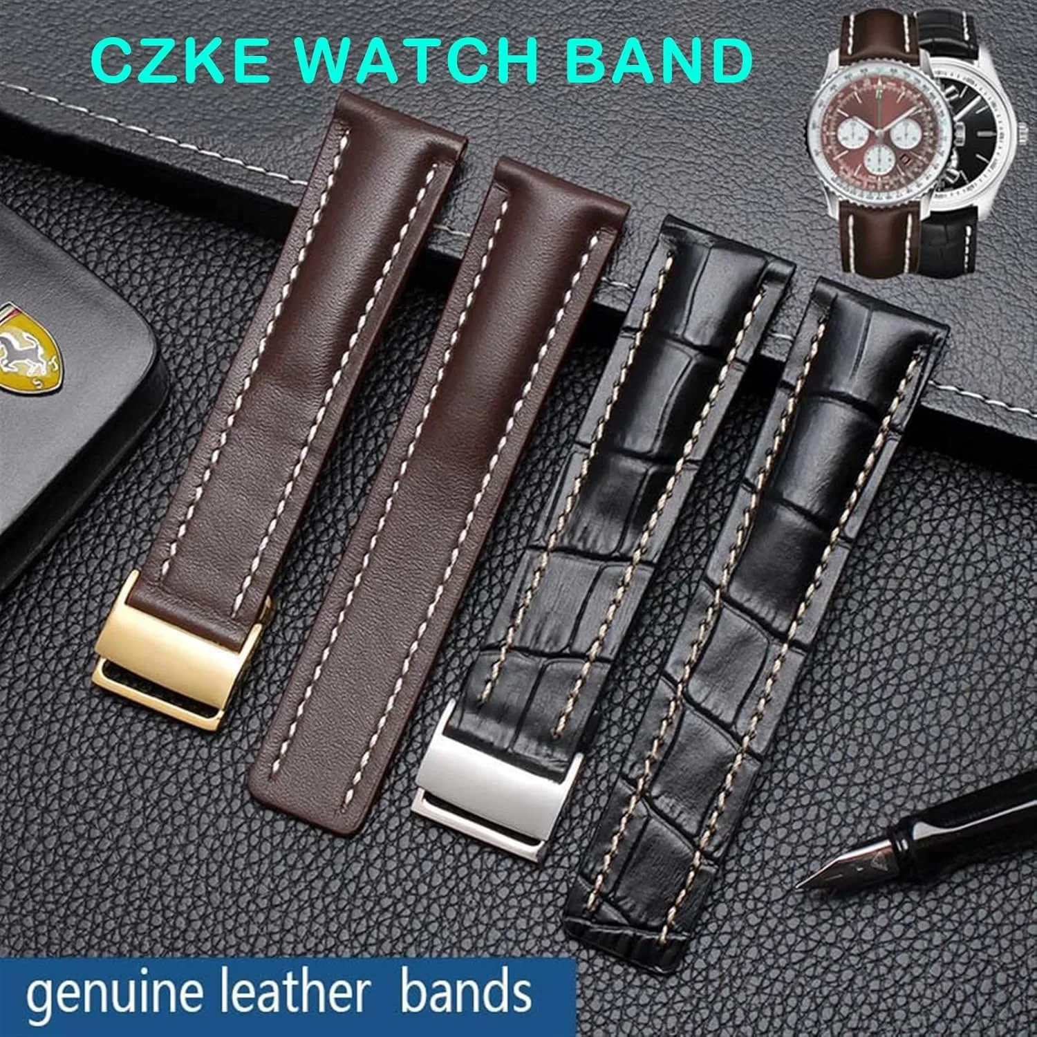 Genuine Leather Strap For Breitling watch Band cow leather bracelet with Deployment buckle 22mm 24mm WatchBands