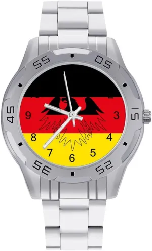 German Flag Simple Wrist Watches for Men Silver Casual Big Face Dress Watch Easy to Read