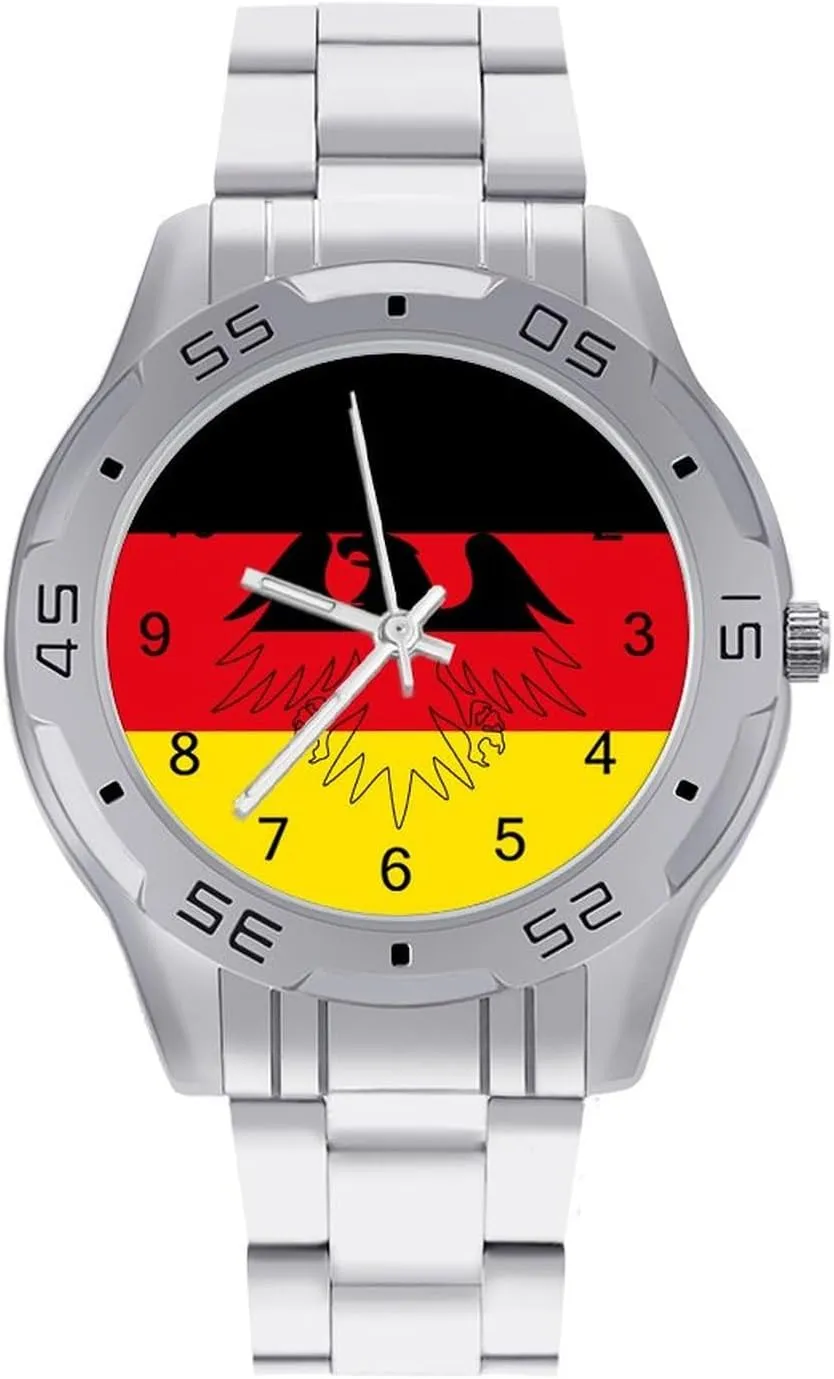 German Flag Simple Wrist Watches for Men Silver Casual Big Face Dress Watch Easy to Read