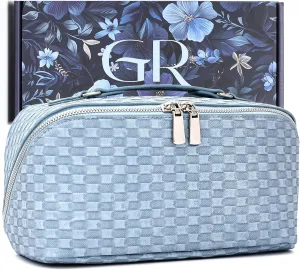 Gifts for her,Blue Travel Makeup Bag Large,Checkered Makeup Organizer Bag with Compartments,Travel Toiletry Bag for Women,Big Cosmetic Bag for Traveling,Jean Pattern PU Leather