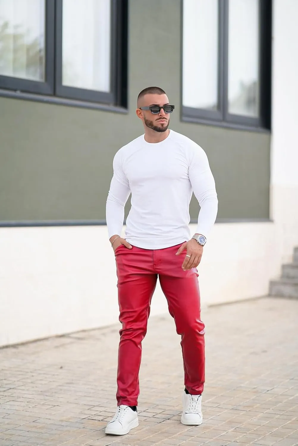 GINGTTO Mens Leather Pants Slim Fit Disco Pants for Men Stretch
