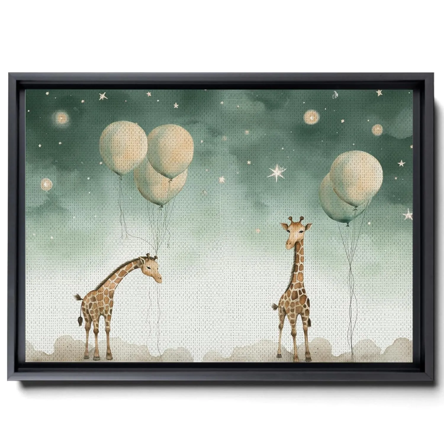Giraffes With Balloons And Stars, In The Style Of Light Emerald And Beige, Large Canvas, Decor Canvas