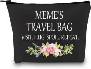 GJTIM Meme Gift Zipper Pouch Bag Mother Day Gift for Meme Grandma Makeup Travel Bag for Meme(Meme's Travel Black)