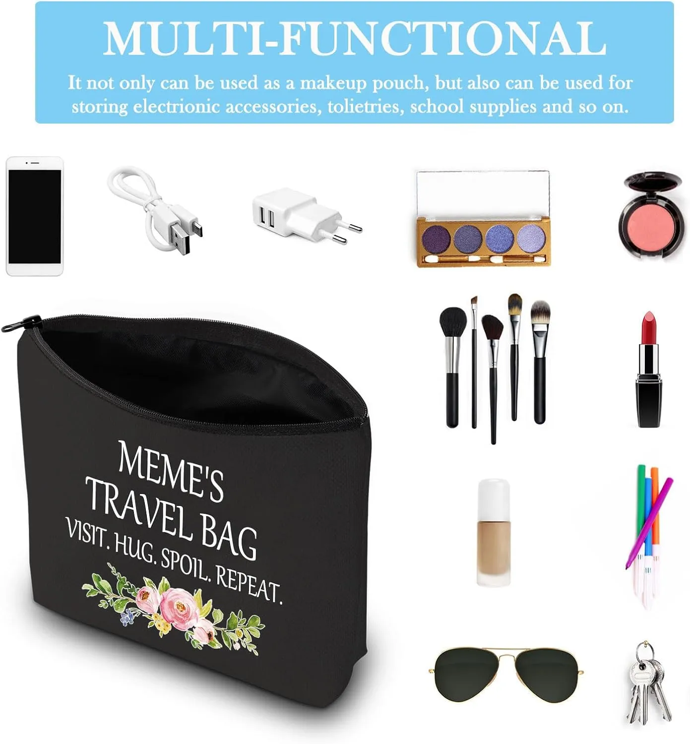 GJTIM Meme Gift Zipper Pouch Bag Mother Day Gift for Meme Grandma Makeup Travel Bag for Meme(Meme's Travel Black)